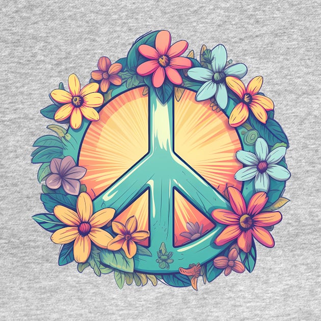 Groovy retro peace sign with pastel flowers by Unelmoija